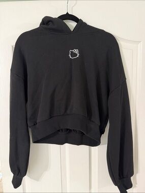 Hello Kitty Black Cropped Hoodie with White Embroidered Face